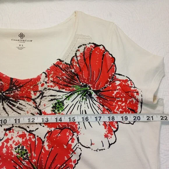 Charter Club T-Shirt XL Womens Floral 100% Cotton Short Sleeve Ivory & Red - Picture 5 of 6